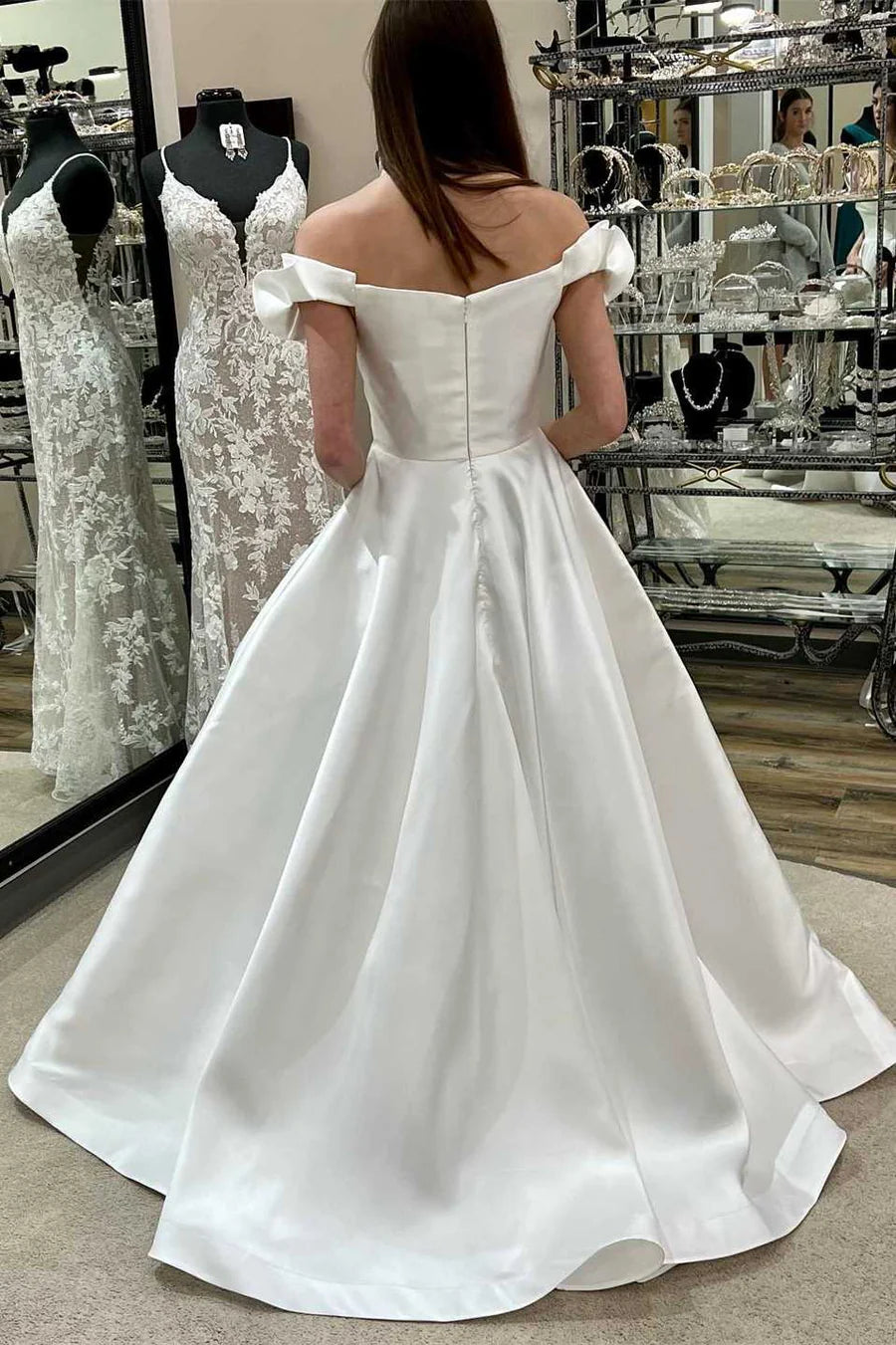 White V Neck Off-the-Shoulder Ruffled Back Zipper A-Line Full length Wedding Dress
