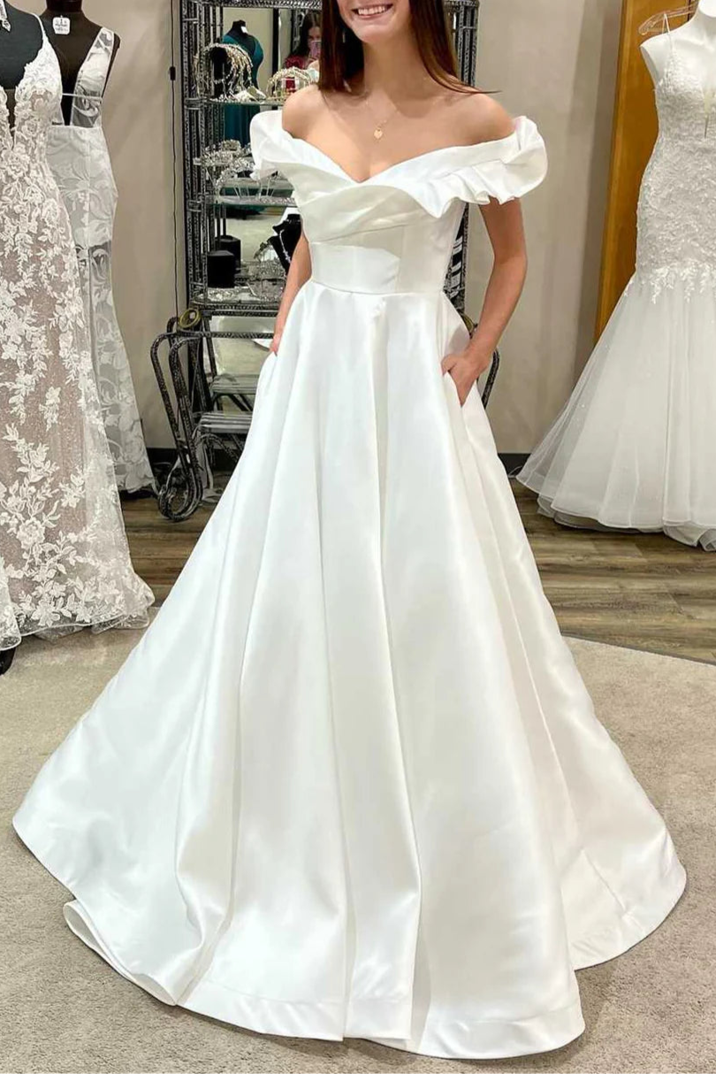 White V Neck Off-the-Shoulder Ruffled Back Zipper A-Line Full length Wedding Dress