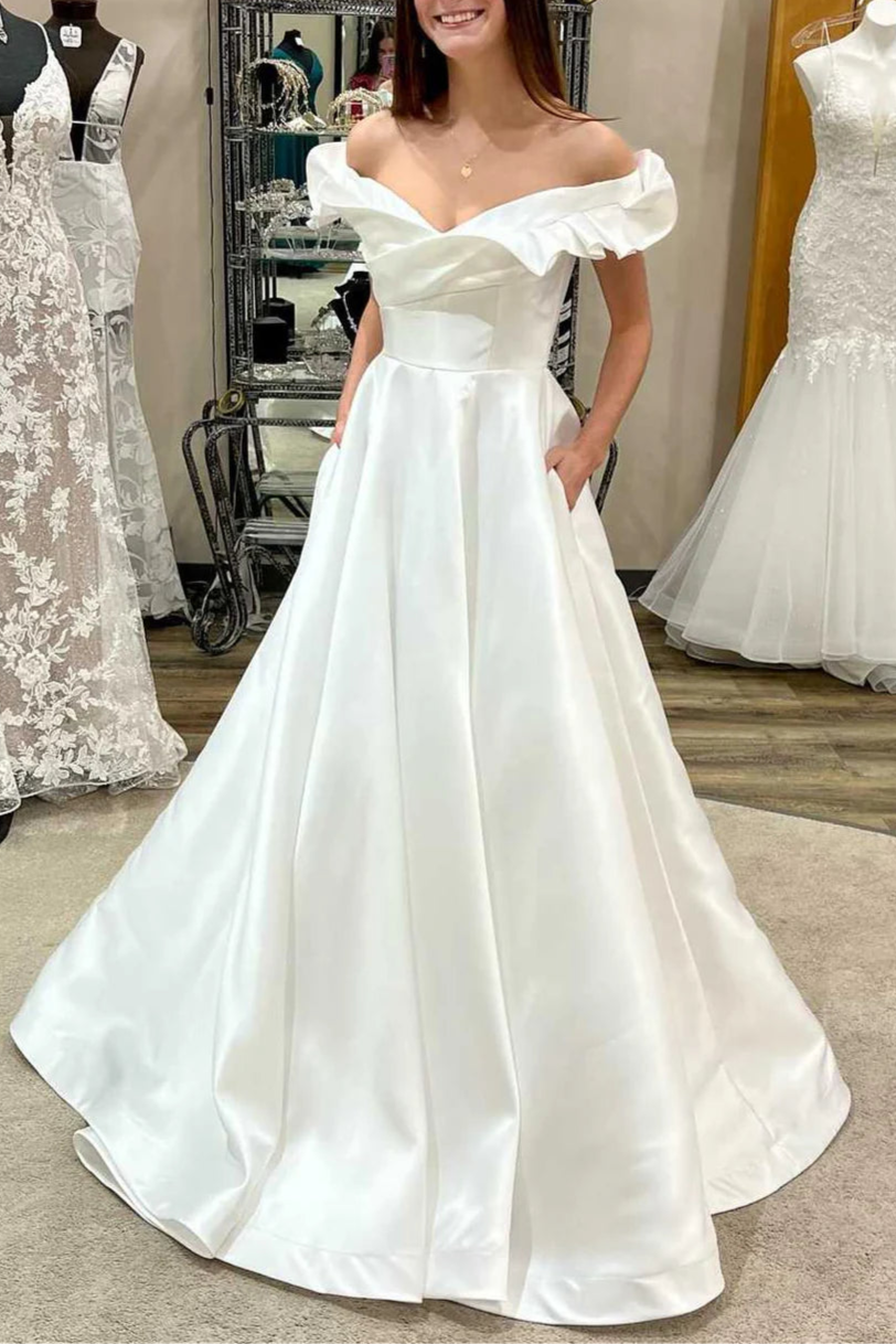 White V Neck Off-the-Shoulder Ruffled Back Zipper A-Line Full length Wedding Dress