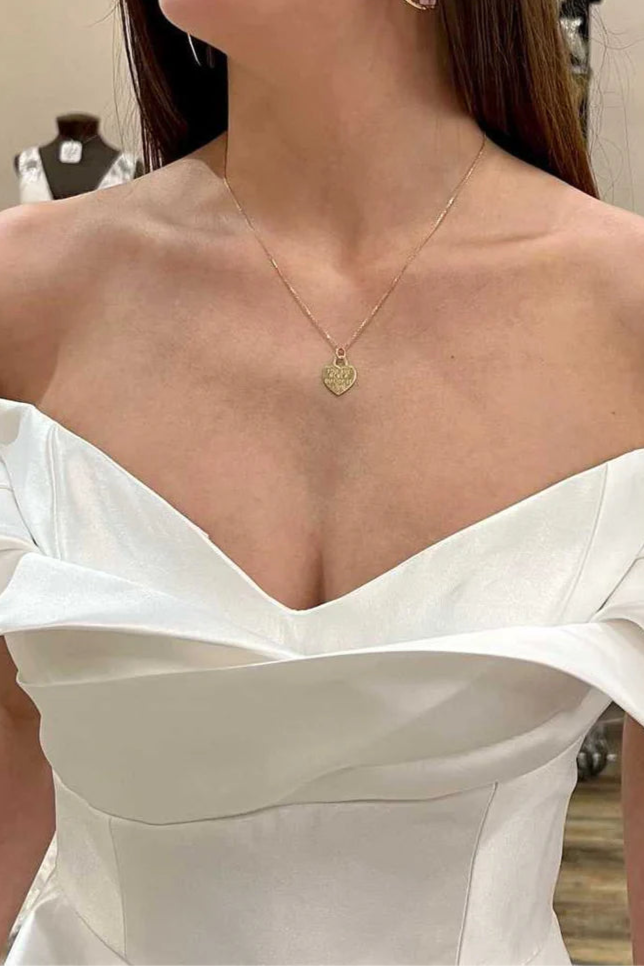 White V Neck Off-the-Shoulder Ruffled Back Zipper A-Line Full length Wedding Dress