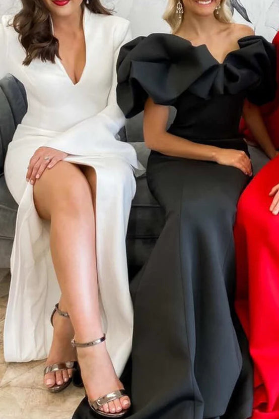 White V Neck Stand-Collar Long Sleeve Floor Length Formal Dress Evening Dress With Slit