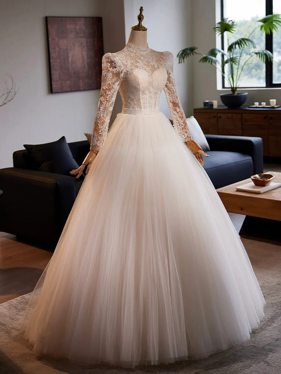 White Tulle Long Sleeve Lace Floor Length A-Line Formal Dress Wedding Dress