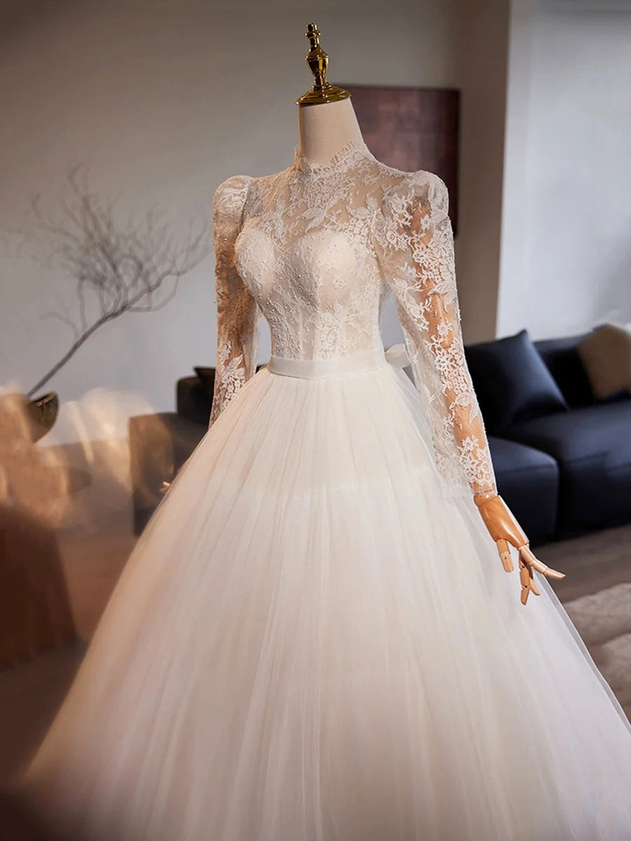 White Tulle Long Sleeve Lace Floor Length A-Line Formal Dress Wedding Dress
