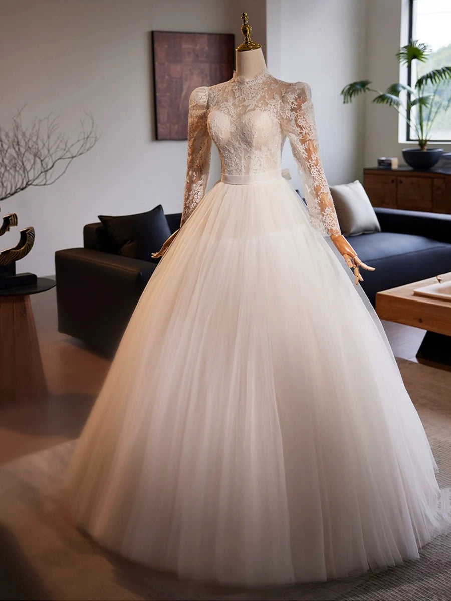 White Tulle Long Sleeve Lace Floor Length A-Line Formal Dress Wedding Dress