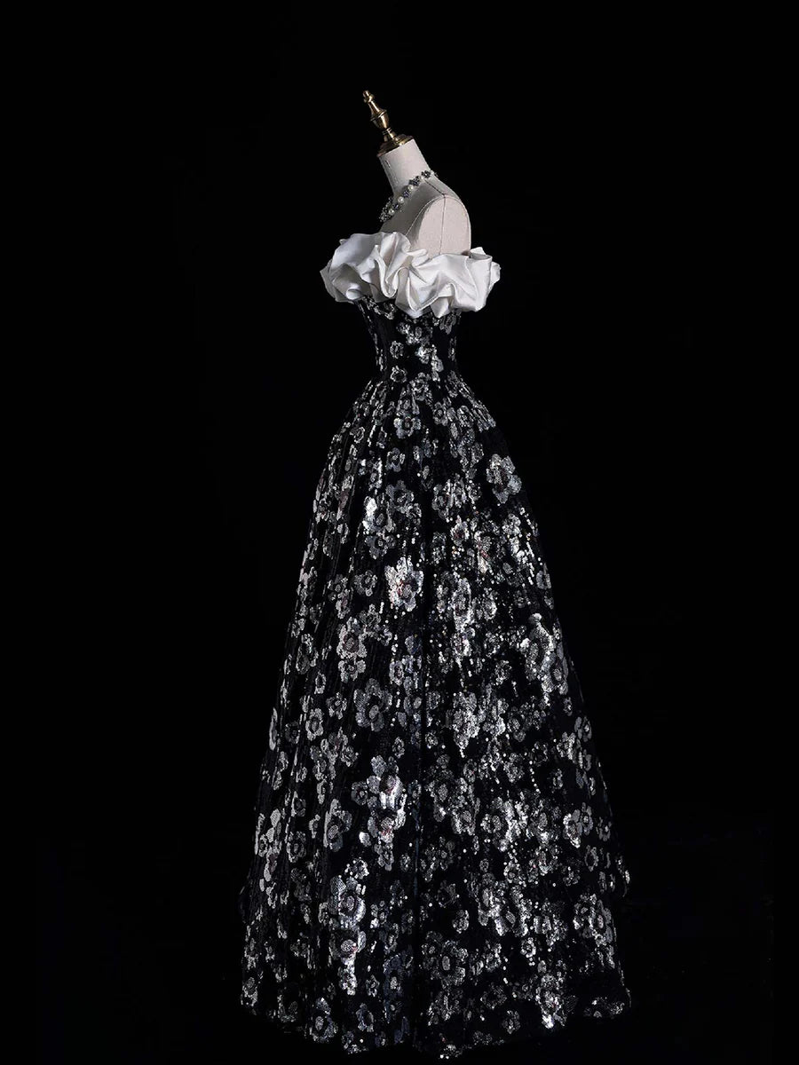 White and Black Sequins With Applique Off the Shoulder A-Line Long Prom Dress Party Dress
