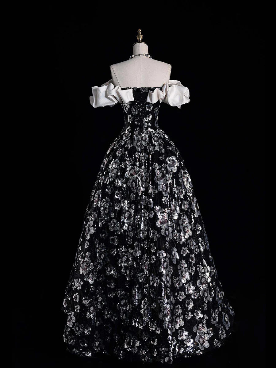 White and Black Sequins With Applique Off the Shoulder A-Line Long Prom Dress Party Dress