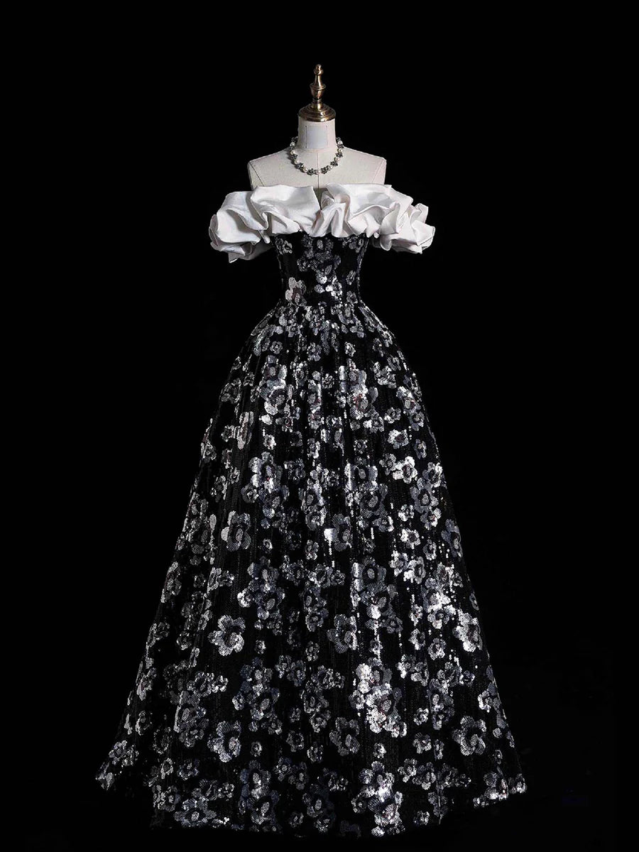 White and Black Sequins With Applique Off the Shoulder A-Line Long Prom Dress Party Dress