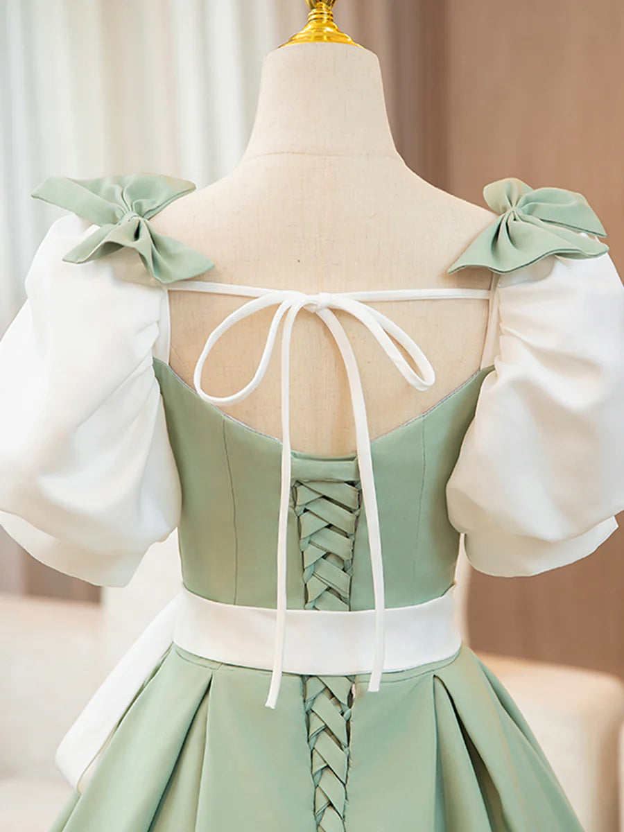 White and Green Satin Square Neck Long Prom Dress A-Line Short Sleeve Evening Party Dress With Bow