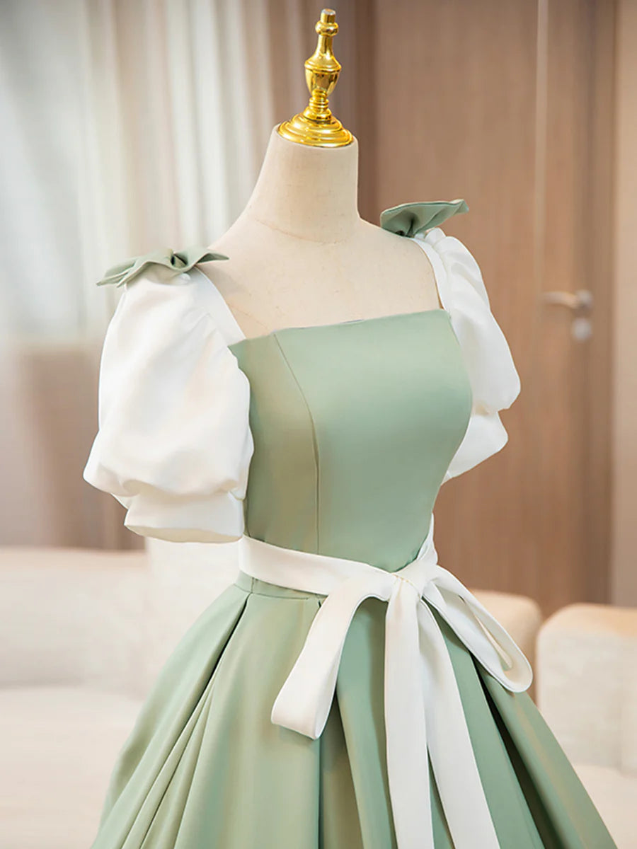 White and Green Satin Square Neck Long Prom Dress A-Line Short Sleeve Evening Party Dress With Bow