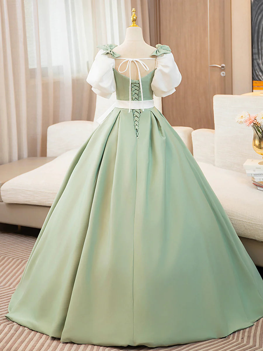 White and Green Satin Square Neck Long Prom Dress A-Line Short Sleeve Evening Party Dress With Bow