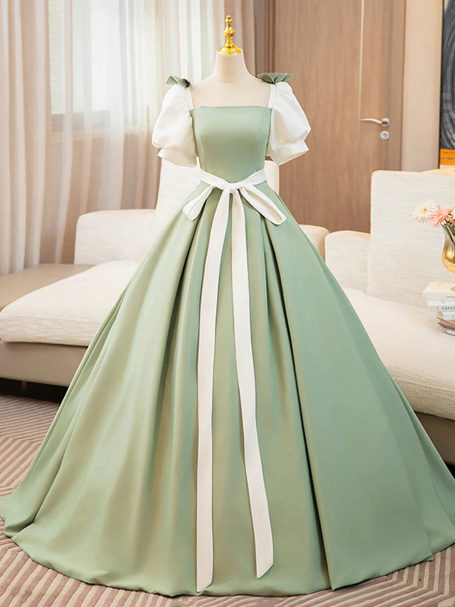 White and Green Satin Square Neck Long Prom Dress A-Line Short Sleeve Evening Party Dress With Bow