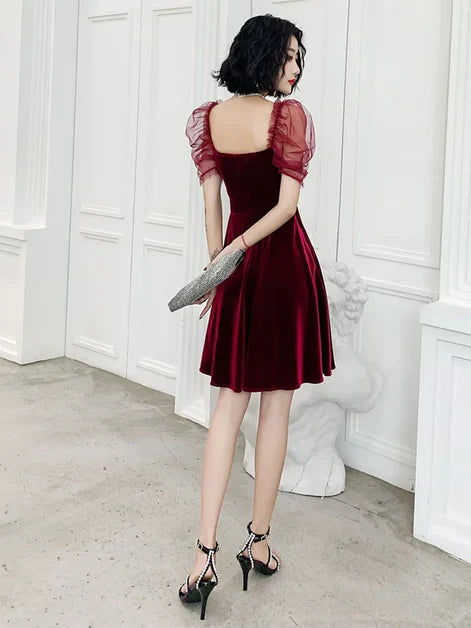 Wine Red A-line Velvet Knee Length Short Party Dress Homecoming Dress
