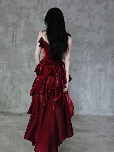 Wine Red Flower Spaghetti Tiered Homecoming Dress Party Dress Prom Dress