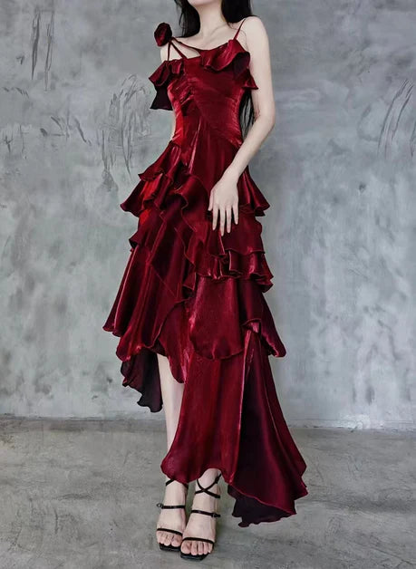 Wine Red Flower Spaghetti Tiered Homecoming Dress Party Dress Prom Dress
