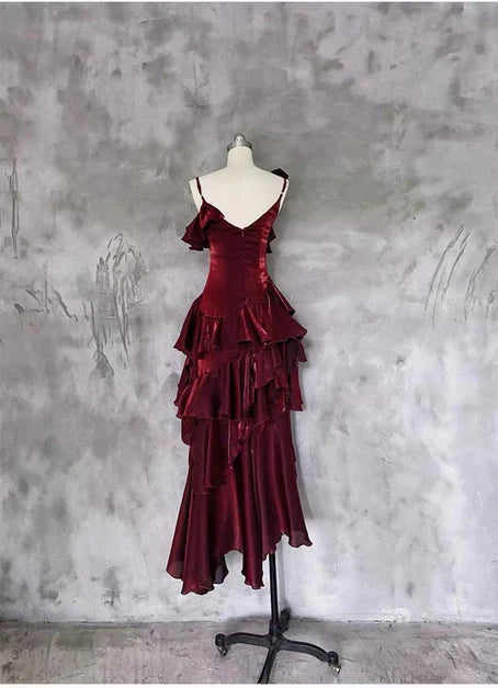 Wine Red Flower Spaghetti Tiered Homecoming Dress Party Dress Prom Dress