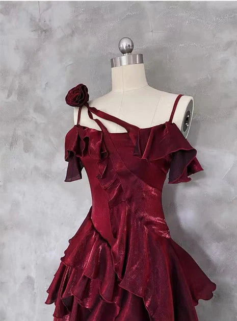 Wine Red Flower Spaghetti Tiered Homecoming Dress Party Dress Prom Dress