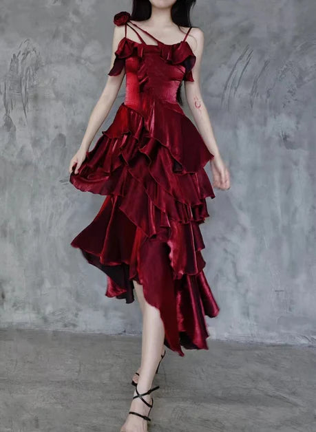 Wine Red Flower Spaghetti Tiered Homecoming Dress Party Dress Prom Dress