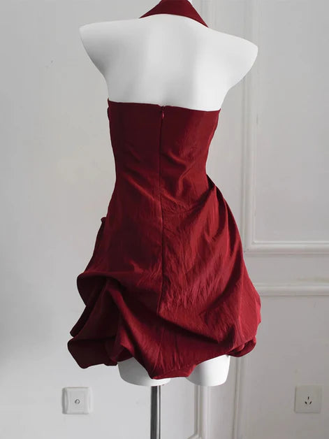 Wine Red Pleated Taffeta Halter Short Party Dress Homecoming Dress Formal Dress