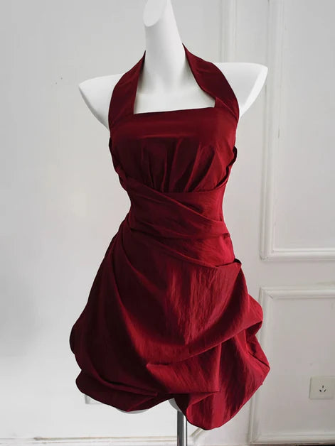 Wine Red Pleated Taffeta Halter Short Party Dress Homecoming Dress Formal Dress
