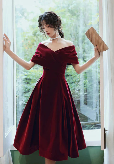 Wine Red Pleated Velvet Tea Length Off Shoulder Party Dress Homecoming Dress Bridesmaid Dress