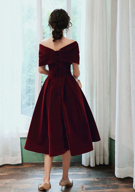Wine Red Pleated Velvet Tea Length Off Shoulder Party Dress Homecoming Dress Bridesmaid Dress