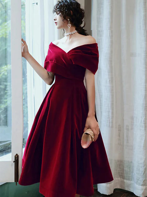 Wine Red Pleated Velvet Tea Length Off Shoulder Party Dress Homecoming Dress Bridesmaid Dress