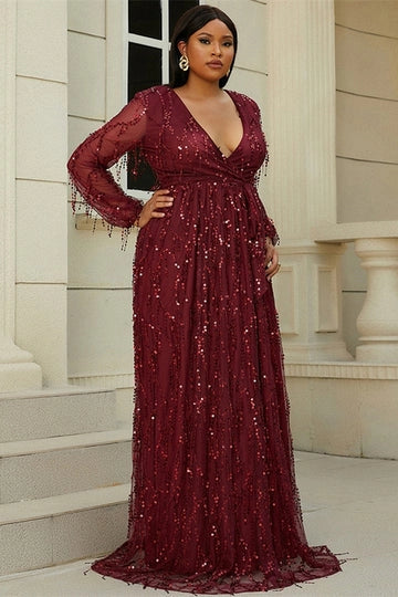 Wine Red Plus Size Fringes V-Neck A-Line Long Sleeve Prom Dress Evening Dress