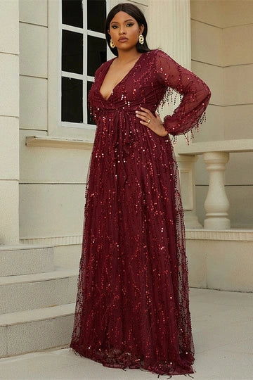 Wine Red Plus Size Fringes V-Neck A-Line Long Sleeve Prom Dress Evening Dress