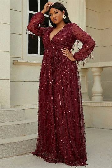 Wine Red Plus Size Fringes V-Neck A-Line Long Sleeve Prom Dress Evening Dress