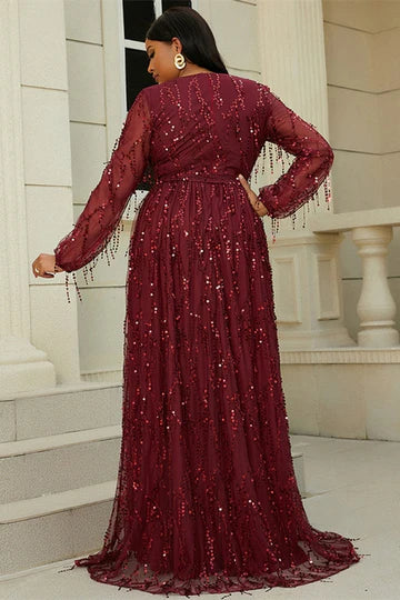 Wine Red Plus Size Fringes V-Neck A-Line Long Sleeve Prom Dress Evening Dress