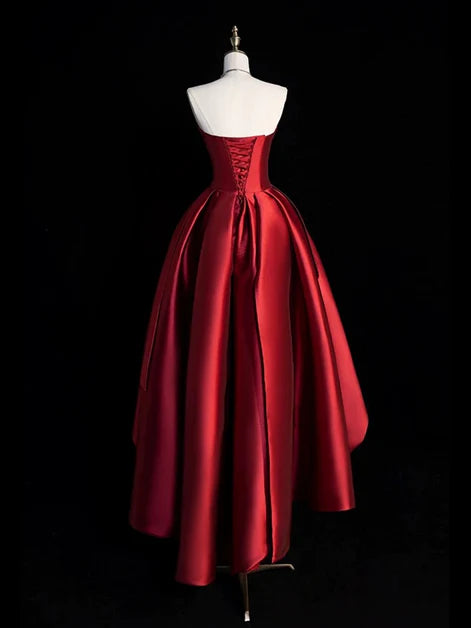 Wine Red Satin A-line High Low Party Dress Homecoming Dress Prom Dress