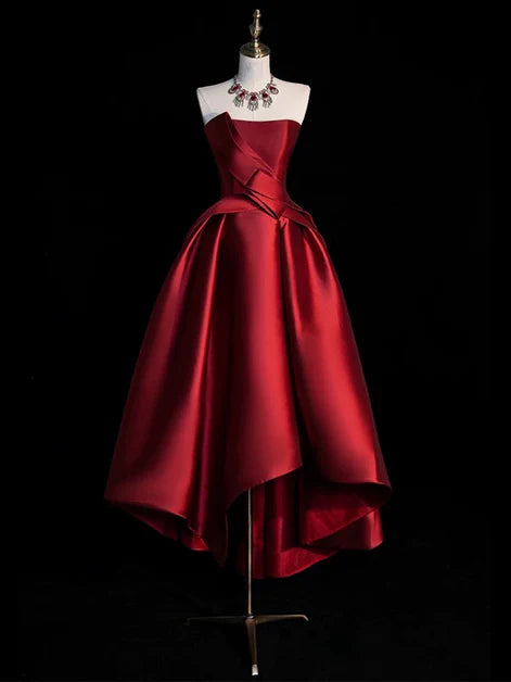 Wine Red Satin A-line High Low Party Dress Homecoming Dress Prom Dress