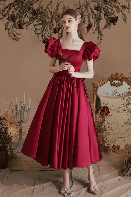 Wine Red Satin A-line Tea Length Short Square Neck Sleeves Party Dress Homecoming Dress