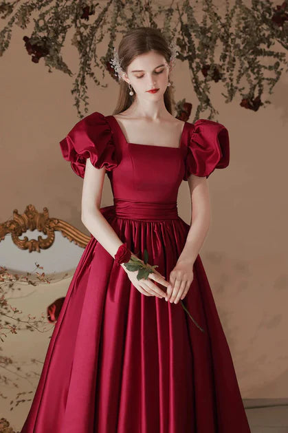 Wine Red Satin A-line Tea Length Short Square Neck Sleeves Party Dress Homecoming Dress