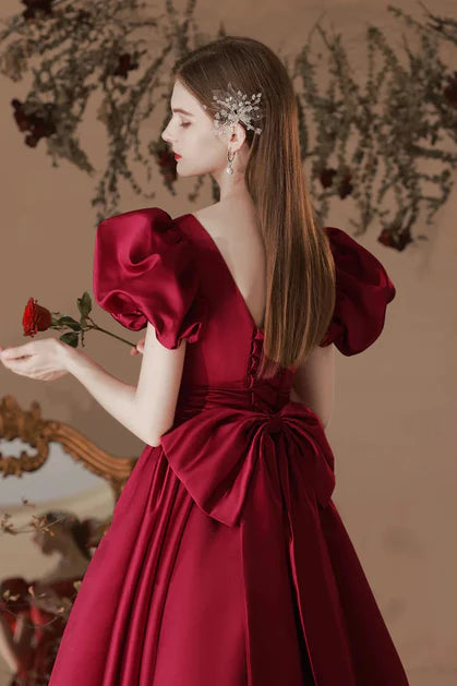 Wine Red Satin A-line Tea Length Short Square Neck Sleeves Party Dress Homecoming Dress