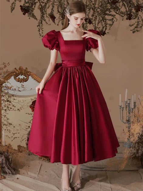 Wine Red Satin A-line Tea Length Short Square Neck Sleeves Party Dress Homecoming Dress
