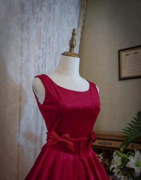 Wine Red Satin A-line With Bow Open Back Party Dress Wedding Party Dress