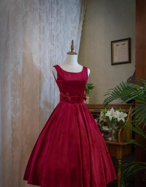 Wine Red Satin A-line With Bow Open Back Party Dress Wedding Party Dress