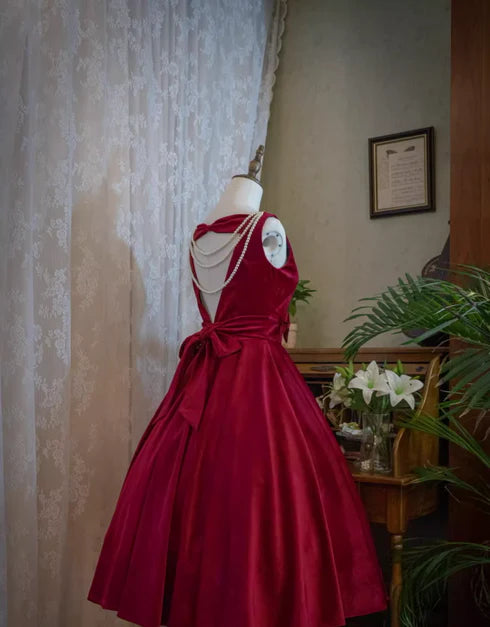 Wine Red Satin A-line With Bow Open Back Party Dress Wedding Party Dress