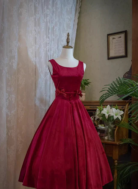 Wine Red Satin A-line With Bow Open Back Party Dress Wedding Party Dress