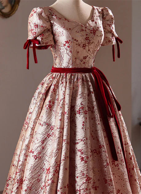 Wine Red Satin Short Sleeve Floral Short Party Dress Homecoming Dress Evening Dress