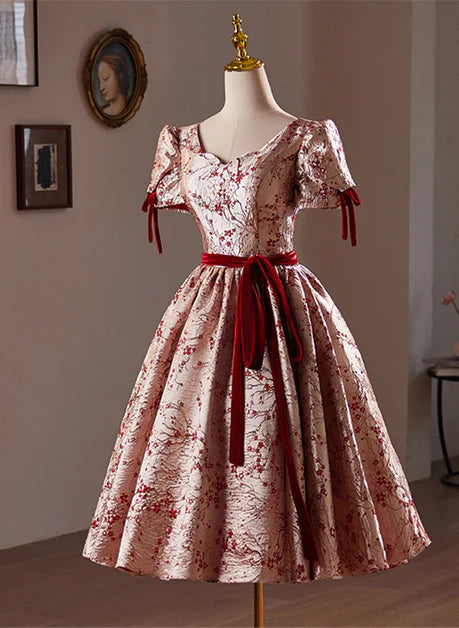 Wine Red Satin Short Sleeve Floral Short Party Dress Homecoming Dress Evening Dress