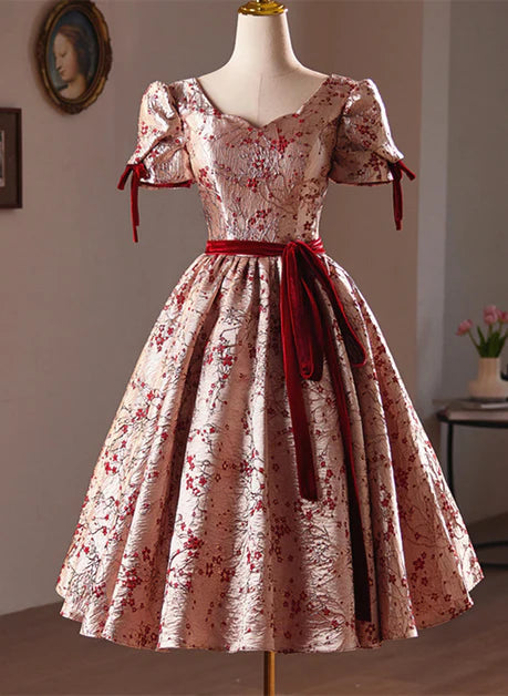 Wine Red Satin Short Sleeve Floral Short Party Dress Homecoming Dress Evening Dress
