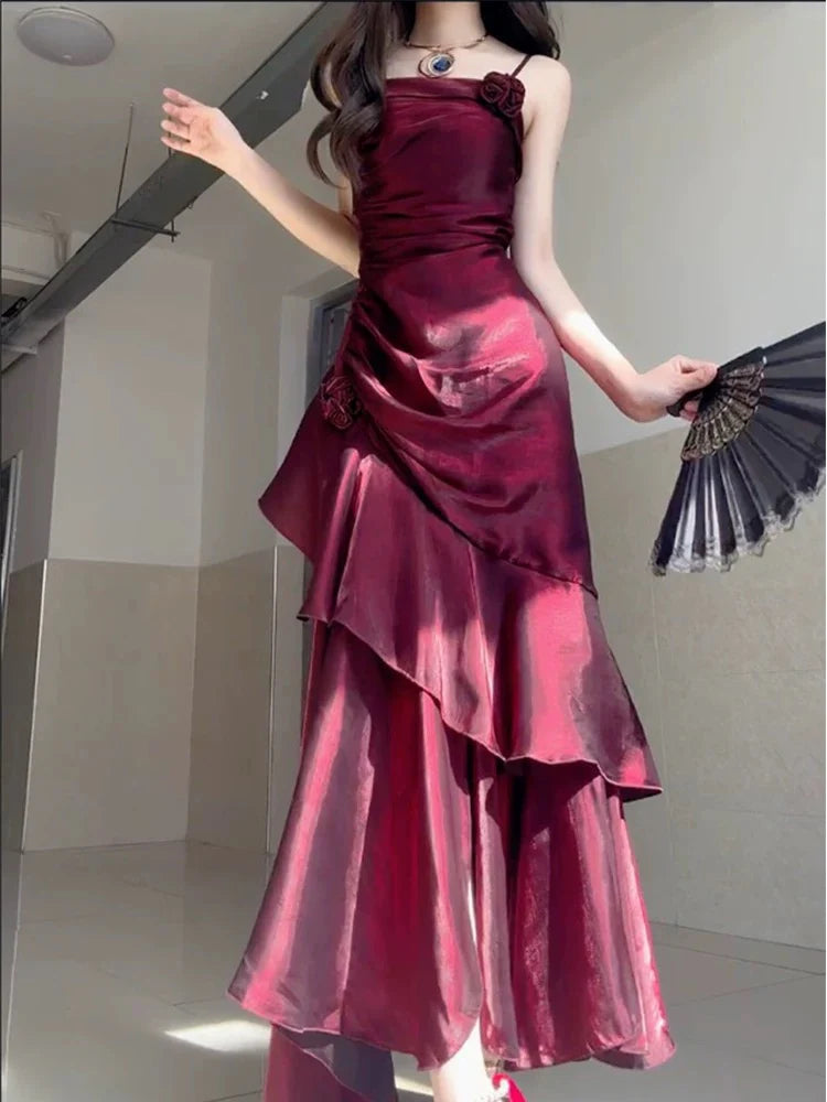Wine Red Satin Spaghetti Straps A-line Long Prom Dress Wine Red Party Dress With Asymmetrical Hem