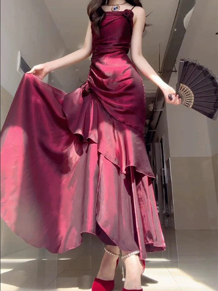 Wine Red Satin Spaghetti Straps A-line Long Prom Dress Wine Red Party Dress With Asymmetrical Hem