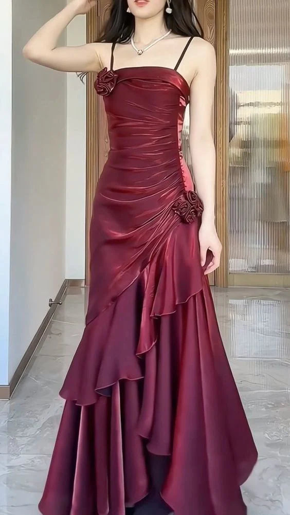 Wine Red Satin Spaghetti Straps A-line Long Prom Dress Wine Red Party Dress With Asymmetrical Hem