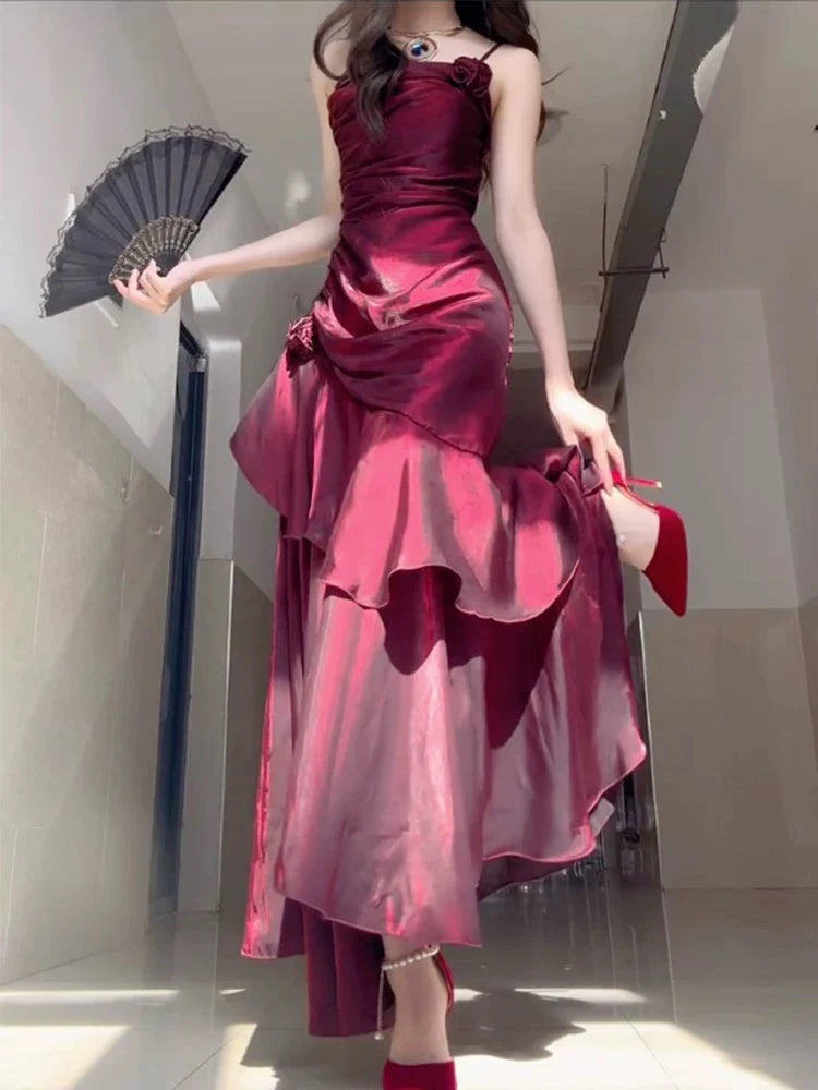 Wine Red Satin Spaghetti Straps A-line Long Prom Dress Wine Red Party Dress With Asymmetrical Hem