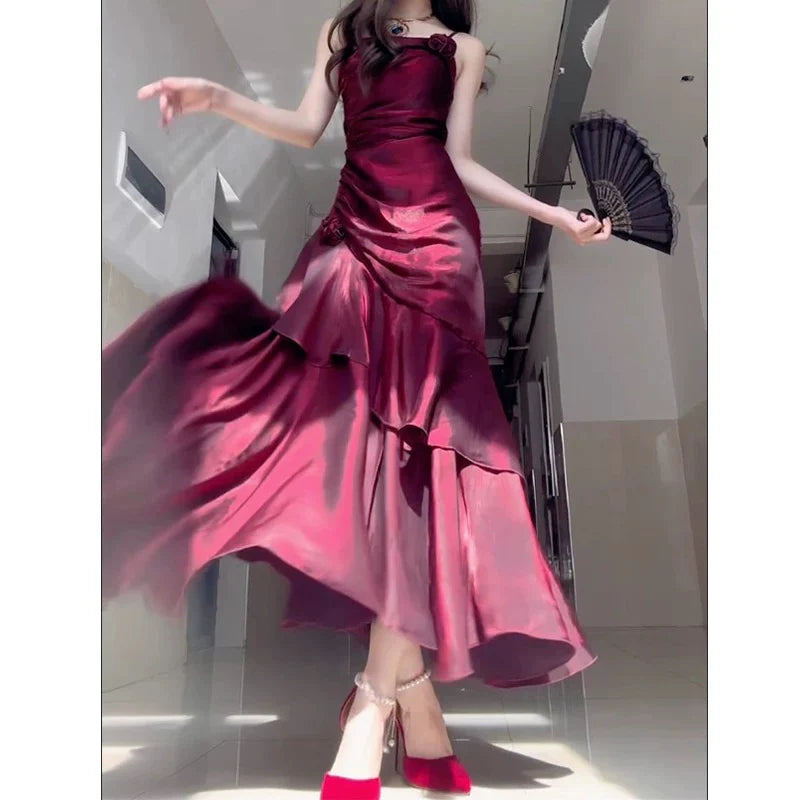 Wine Red Satin Spaghetti Straps A-line Long Prom Dress Wine Red Party Dress With Asymmetrical Hem