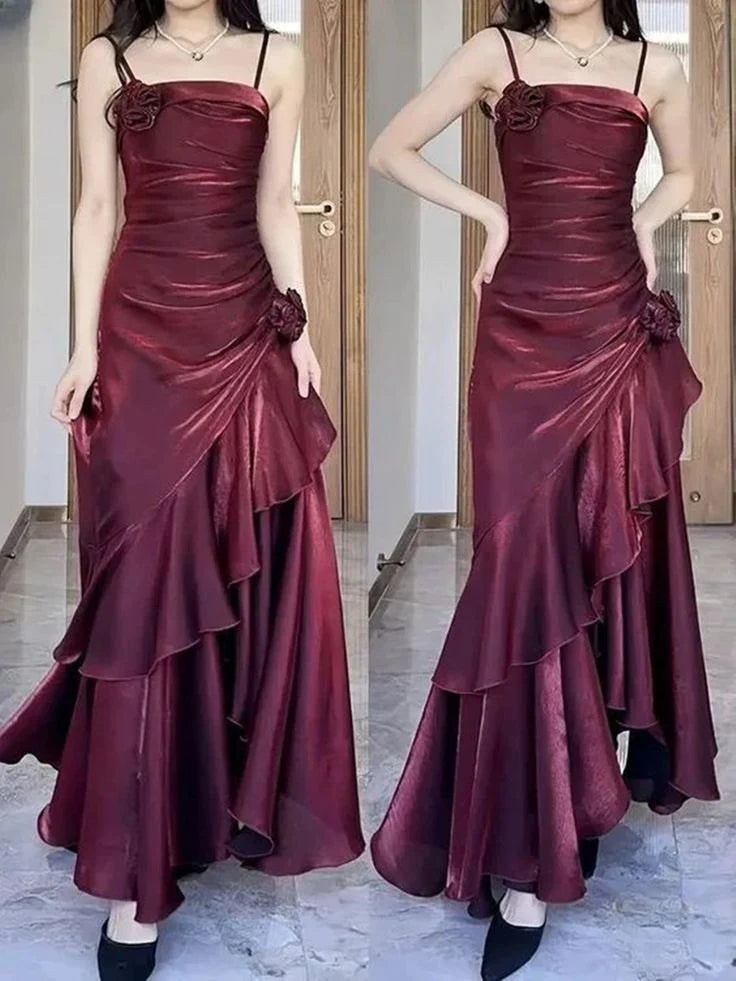 Wine Red Satin Spaghetti Straps A-line Long Prom Dress Wine Red Party Dress With Asymmetrical Hem