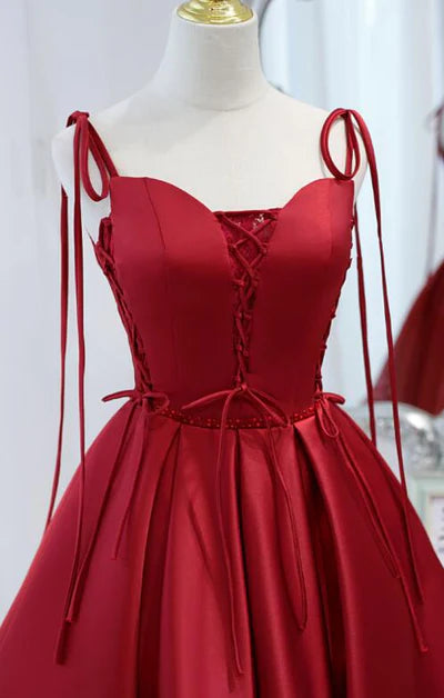 Wine Red Satin Spaghetti Straps Lace-up Beaded Short Prom Dress Party Dresses